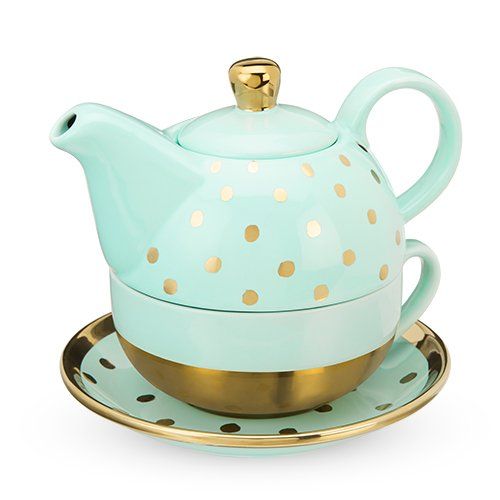 [04392] Addison Aqua Gold Dot Tea For One Set